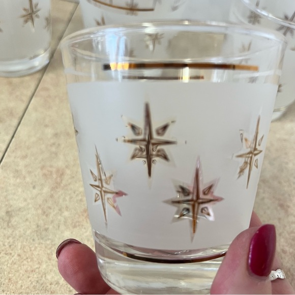 Vintage MCM Dominion Atomic Starburst Frosted Tumbler Glasses Set of 4 - Picture 4 of 10